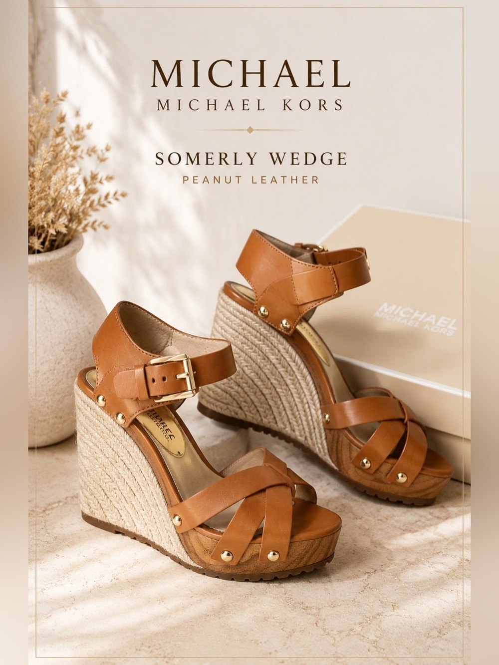 Michael Michael Kors Somerly Leather Wedge Sandals Peanut Size 6.5M